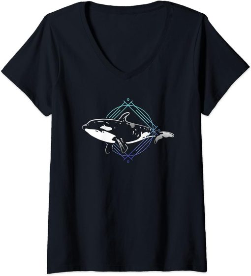 Womens Orca Killer Whale Vintage Art Portrait Graphic V-Neck T-Shirt