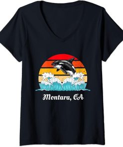 Womens Vintage Montara CA Distressed Orca Killer Whale Art V-Neck T-Shirt