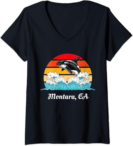 Womens Vintage Montara CA Distressed Orca Killer Whale Art V-Neck T-Shirt