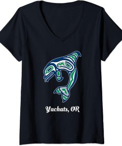 Womens Blue Green Native American Yachats OR Orca Killer Whale V-Neck T-Shirt