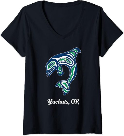 Womens Blue Green Native American Yachats OR Orca Killer Whale V-Neck T-Shirt