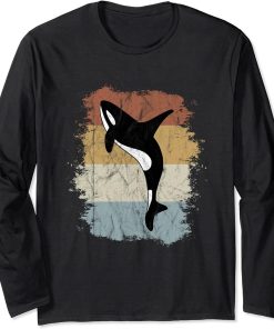 Vintage Killer Whale Art 80s Retro Orca Whale Silhouette Long Sleeve T-Shirt