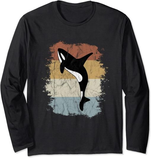 Vintage Killer Whale Art 80s Retro Orca Whale Silhouette Long Sleeve T-Shirt