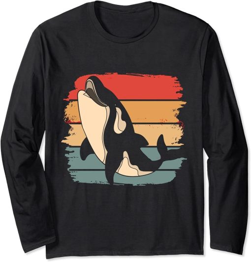 Retro Killer Whale Sea Ocean Animal Gift Aquarium Orca Long Sleeve T-Shirt