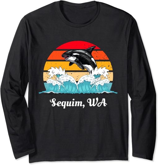 Vintage Sequim WA Distressed Orca Killer Whale Art Long Sleeve T-Shirt