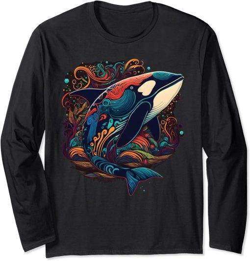 Colourful mystical orca whale watching dolphin pottwhale orca whale Long Sleeve T-Shirt