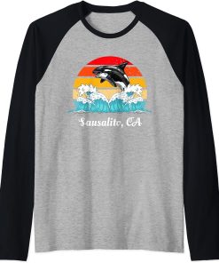 Vintage Sausalito CA Distressed Orca Killer Whale Art Raglan Baseball Tee