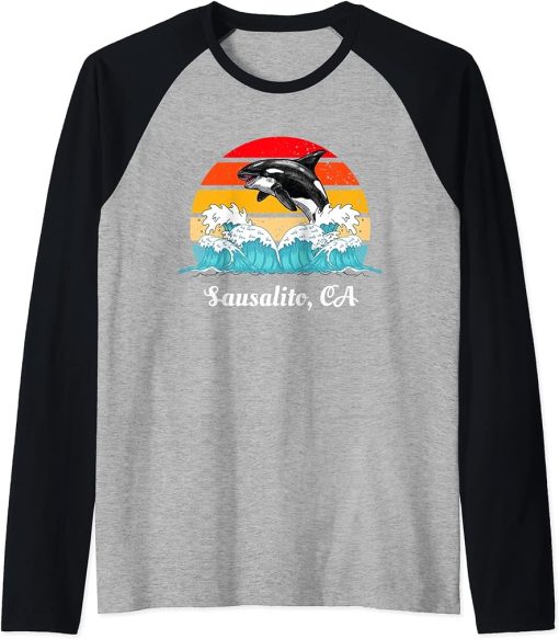 Vintage Sausalito CA Distressed Orca Killer Whale Art Raglan Baseball Tee