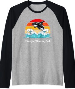 Vintage Pacific Beach CA Distressed Orca Killer Whale Art Raglan Baseball Tee