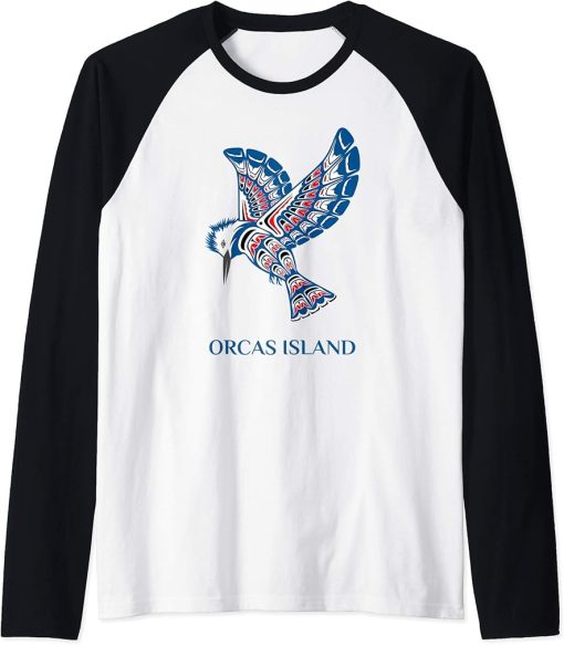 Orcas Island Washington Kingfisher Native American Bird Gift Raglan Baseball Tee