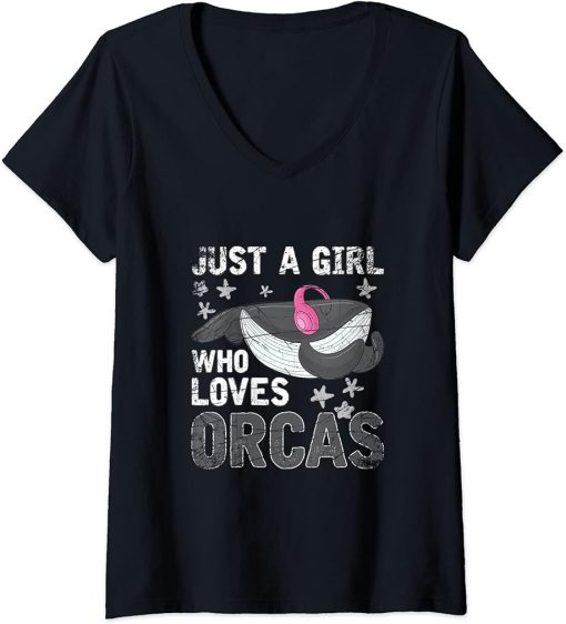 Womens Just A Girl Who Loves Orcas V-Neck T-Shirt